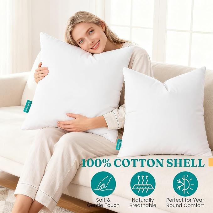 Oubonun 20x20 Feather Downthrow Pillow Inserts, 100% Cotton Cover, Medium Firm Decorative Pillow Inserts for Couch, Sofa, Bed, Chair (Set of 2)