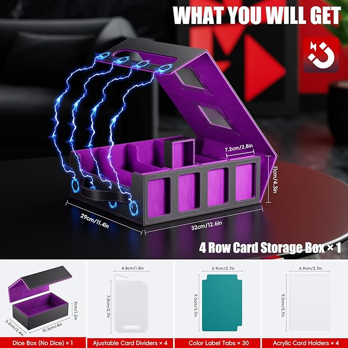 Trading Card Storage Box – 3500+ Magnetic MTG Deck Box with Handle,Commander & Toploader Display, Dice Box,4 Dividers & 30 Color Labels–Fits for TCG,MTG,Yu-Gi-Oh and Sport cards(Black/Purple)