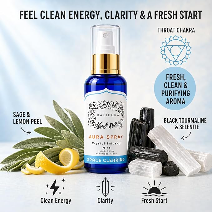 BALIPURA - Space Clearing Healing Aura Crystal Spray - Black Tourmaline & Selenite Crystals - Tea Tree, Lavender & Clary Sage Organic Essential Oils Blends - Handmade in Bali - 3.4 fl.oz