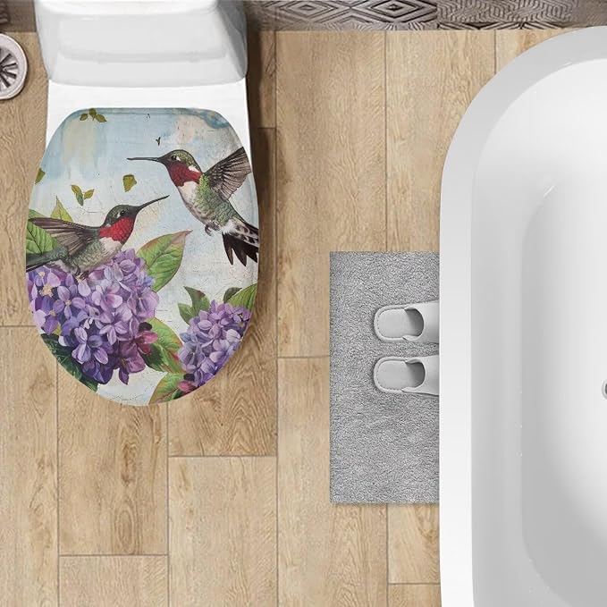 Hummingbird and Hydrangea Toilet Seat Cover, Suitable for Most Round and Elongated Toilet Lid, Soft Flannel and Dustproof Toilet Lid Cover