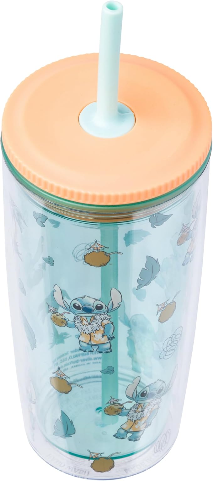 Silver Buffalo Disney Lilo and Stitch Featuring Stitch in Hawaiian Shirt, Lei, and Coconut Drink and Tropical Vibes Pattern Spill Resistant Plastic Tumbler and Straw, 20 Ounces
