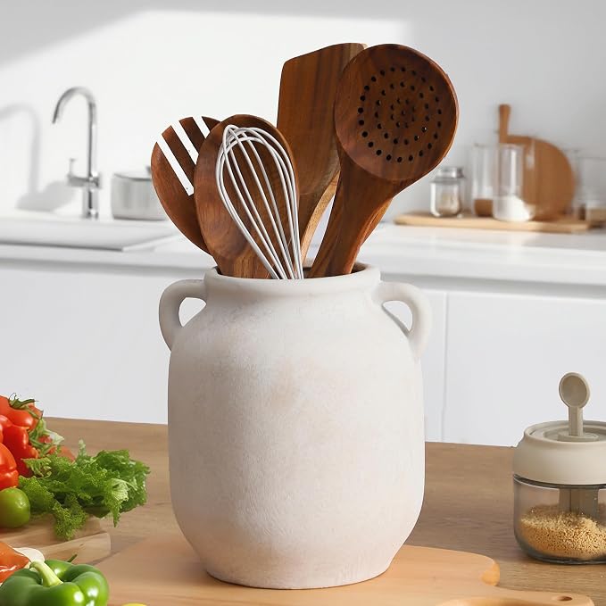 Vanselia Ceramic Flower Vase Home Table Decor Living Room Farmhouse 7.6 in | Small White Rustic Decorative Flowers Vases Plant Modern Decoration for Kitchen Shelf Coffee Dining Centerpieces Desk