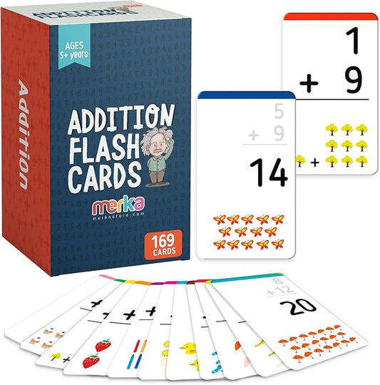 merka Preschool Math Flashcards - 169-Count Multicolor Set, Addition & Subtraction - Kindergarten Math Flash Cards with Pictures - Homeschool & Classroom Supplies