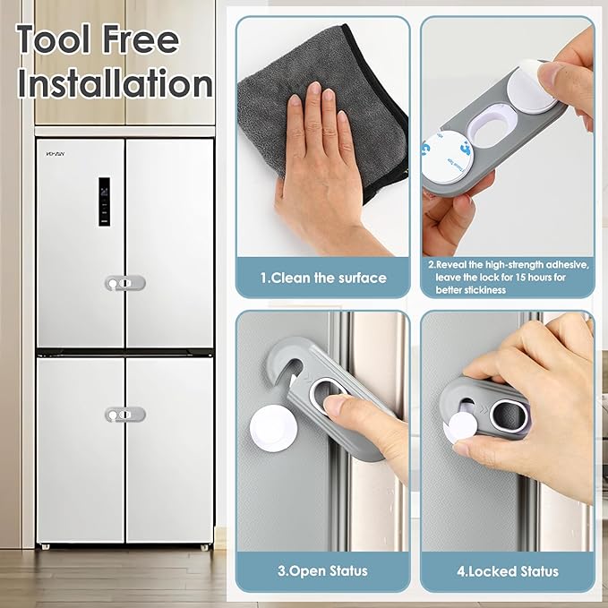 5 Pack Child Proof Refrigerator Lock, Baby Proofing Cabinet Locks, Oven Lock Child Safety. Adhesive Fridge Locks for Kids, Dishwasher, Cupboard, Closet Doors - No Drilling or Tools (Grey)