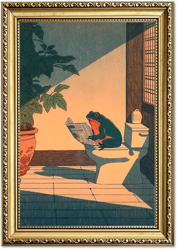 Funny Frog Bathroom Wall Art, Cute Japanese Frog in Toilet Wall Decor, Whimsical Green Animal Restroom Poster Canvas Painting Prints Artwork 16x24 inch Gold Framed