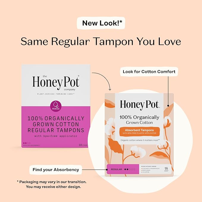 The Honey Pot Company - 100% Organic Cotton Tampons - Super Absorbency | Tampons w/BPA Free Plastic Applicator - Unscented - Without Fragrances or Chlorine - Feminine Care - 18ct