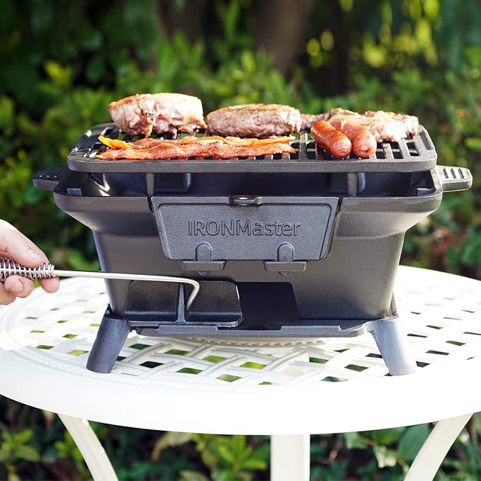 IronMaster Hibachi Grill Outdoor, Small Portable Charcoal Grill, Pre-Seasoned Cast Iron, Japanese Yakitori Camping Grill - 2 Heights, Air Control, Coal Door, Ideal for 2 People