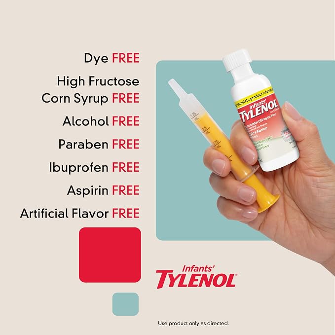 Infants’ Tylenol Oral Suspension Liquid Medicine with Acetaminophen, Baby Fever Reducer & Pain Reliever for Minor Aches & Pains, Sore Throat, Headache & Teething Pain, Dye-Free Apple Flavor, 2 fl. oz