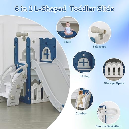 6 in 1 Toddler Slide for Toddler&Kids,Kids Climber Slider for Indoor Outdoor Playground with Storage,Telescope,Basketball Hoop and L Shaped Slide for Toddler Climber Playset,Blue