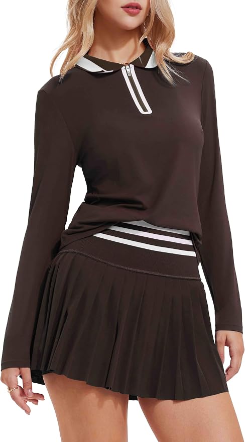 Tennis Skirt Sets for Women Zipper Color Block High Waisted Golf Polo Two Piece Skirt Set Women 2 Piece Outfits