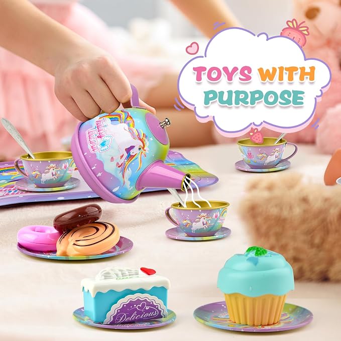 Unicorn Tea Party Set for Little Girls, Age 3 4 5 6 Year Old, Toddler Kids Kitchen Pretend Play Toys with Tin Tea Set, Cake Stand, for Girls Boys