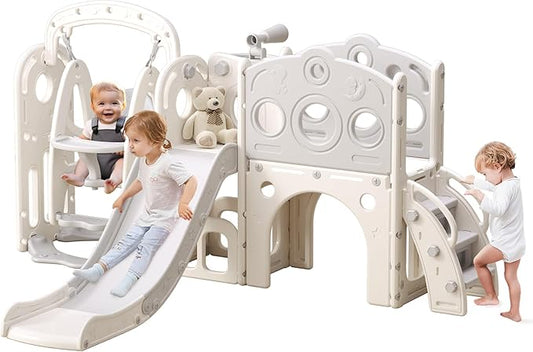 Toddler Slide and Swing Set for 1-3, 9 in 1 Kids Indoor Outdoor Playset, Baby Playground with Basketball Hoop, Telescope