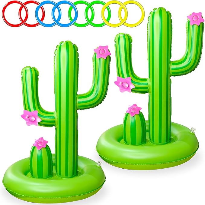 TURNMEON 2 Pack Inflatable Luau Cactus Pool Ring Toss Game Set - 8 Plastic Rings & Wider Base, Adults Summer Hawaiian Beach & Outdoor Party Supplies