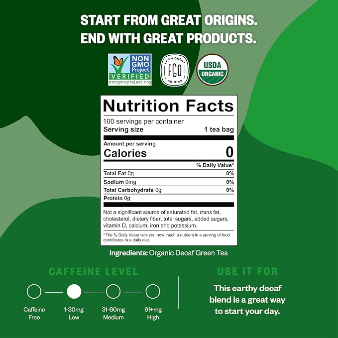 FGO Organic Green Decaf Tea, 100 Count, Eco-Conscious Tea Bags, Resealable Bag, Caffeine Free, Packaging May Vary (Pack of 1)
