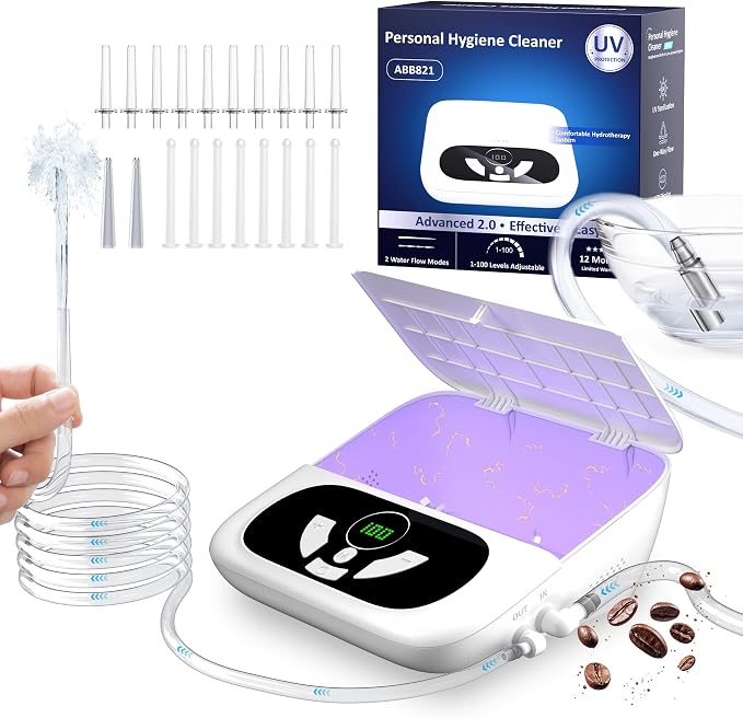 Enemas for Colon Cleanse Men and Women, Comfortable Home Wash Electric Enema Kit with UVc Storage Box, 1-100 Adjustable Pressure for Personal Care, 2 Spray Modes-18 Nozzles, External Water Supply