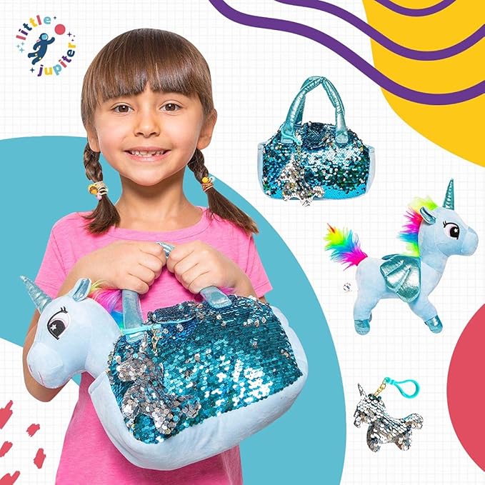 Little Jupiter Plush Pet Set - Unicorn Toys - Unicorns Gifts for Girls - Stuffed Animal for Kids - Plush Toy - w/Reversible Sequins & Charm Age 4-7 (Light Blue Unicorn)