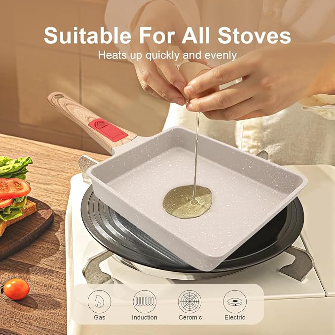 AIKENBBKK Tamagoyaki Pan, Japanese Omelette Pan Nonstick, Japanese Egg Pan, Square Egg Pan, Induction-Ready, Detachable Handle, with Silicone Spatula, PFAS & PFOA-Free, Oven Safe, White, 7.5” x 6.3”