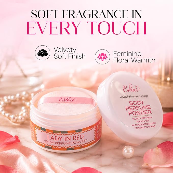 Esha Body Perfume Powder - Fragrance Body Dusting Powder for Women - Long Lasting Silky Lightweight Formula - Helps Absorb Moisture & Oil (Lady In Red)