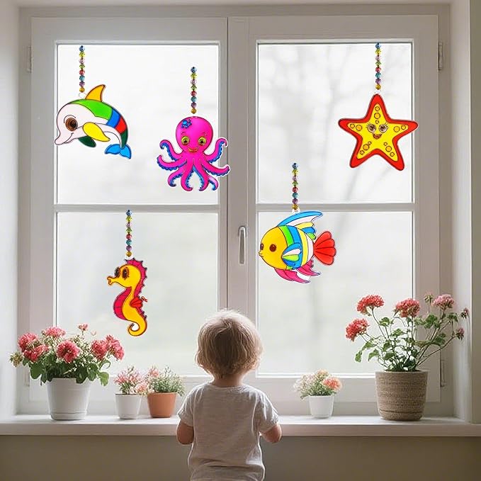 Ayhuhra 30 Sets Ocean Animals Suncatcher Crafts Under The Sea Sun Catchers Kits DIY Summer Window Paint Art for Sea Theme Party Home Decor