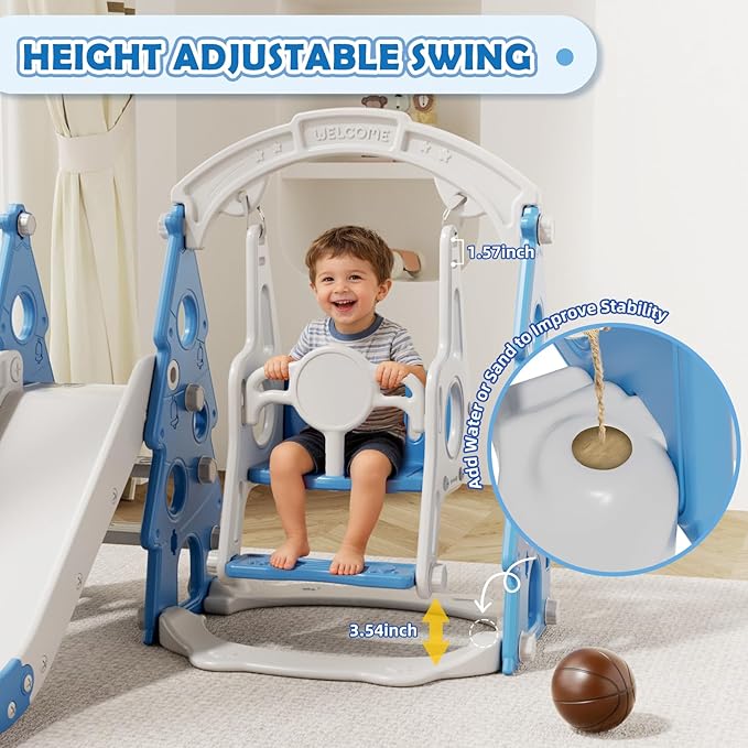 KORIMEFA 4-in-1 Kids Slide and Swing Set, Toddler Slide with Basketball Hoop, Swing, Outdoor Indoor Playground for Toddlers 1-3 Pine Shape Design(4 in 1-Blue)