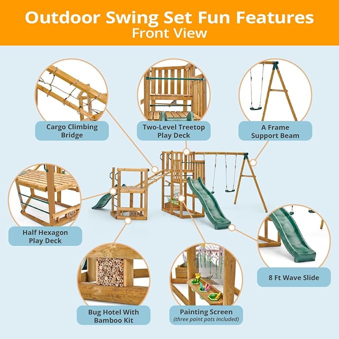 Plum Discovery Wood Swing Sets for Backyard, Kids Yard Play Equipment, Outdoor Toddler Swing with Slide, Monkey Bars, Climbing Bridge, Painting Easel, Built-in Planter Box, Weatherproof, Age 3+ Yrs