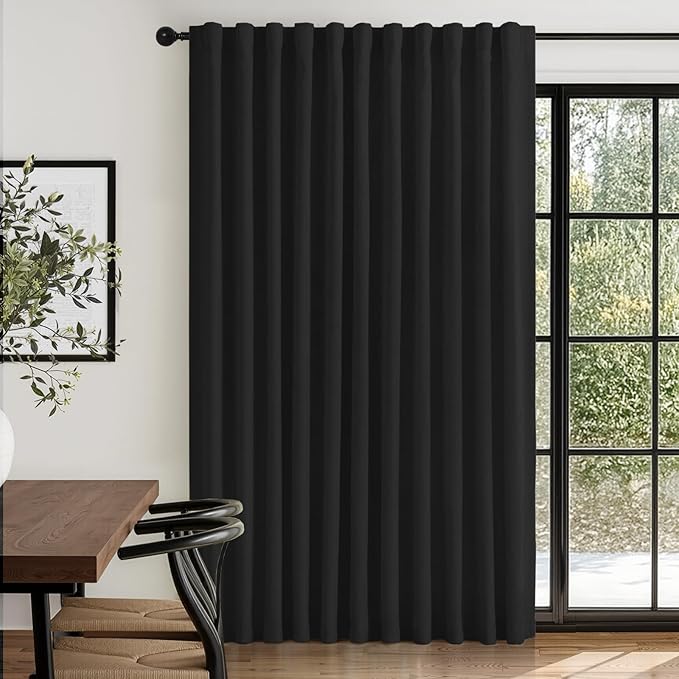 100% Blackout Shield Linen Blackout Sliding Door Curtains for Living Room, Back Tab/Rod Pocket Thermal Insulated Curtains for Sliding Glass Doors, 1 Panel Set, 100" W x 96" L, Black