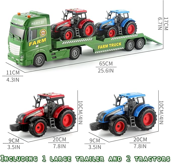 25" Semi Truck Farmer Truck Trailer Friction Powered Vehicles, 3 in 1 Includes 2 Farmer Tractor Push & Go Farming Toys Playset for Boys Kids Toddlers Age 3+