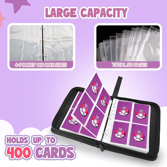 Premium Collectible Trading Card Albums，Card Binder Fits 400 Cards with 50 Removable Sleeves，Display Game Card Case book Holder, Purple Themes