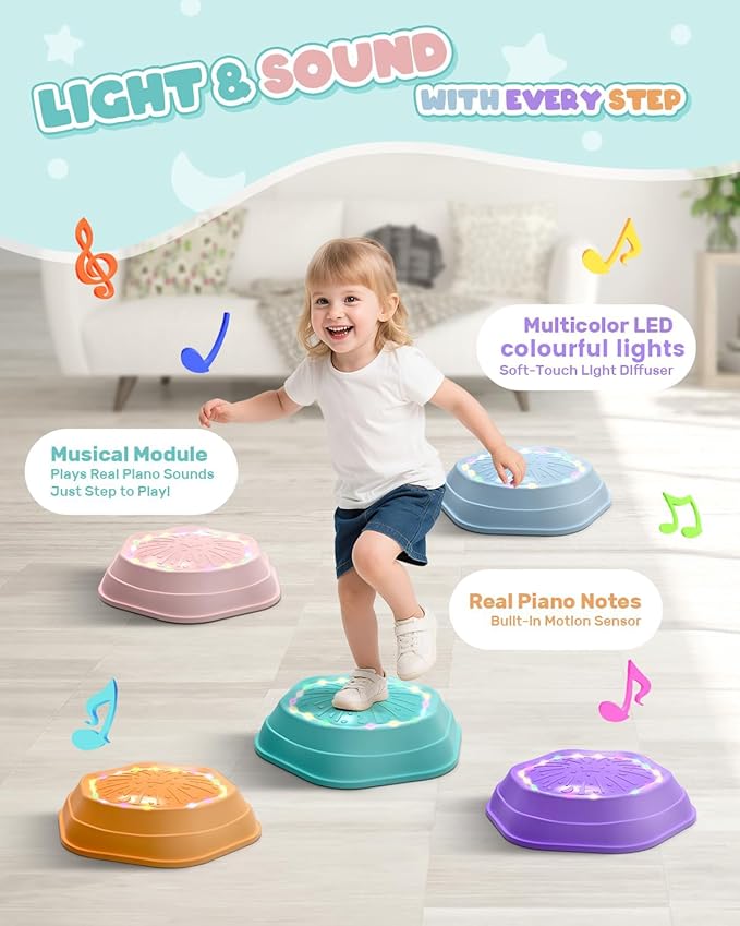 Holyton Upgraded Music Light-Up Stepping Stones for Kids, 5-Pack Sensory Balance Toys with Batteries, Non-Slip Design, for Ages 3–8, Ideal for Sensory Training, Indoor & Outdoor Play, Great Gift Idea