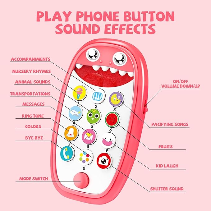 Baby Shark Cell Phone Toy Removable Teether Case, Light, Music & Adjustable Volume Kids Play & Learn Fake Phone Infant Toddler, Preschool Holiday Birthday Presnet for Girl Boy 0-6, 6-18 Months (Red)