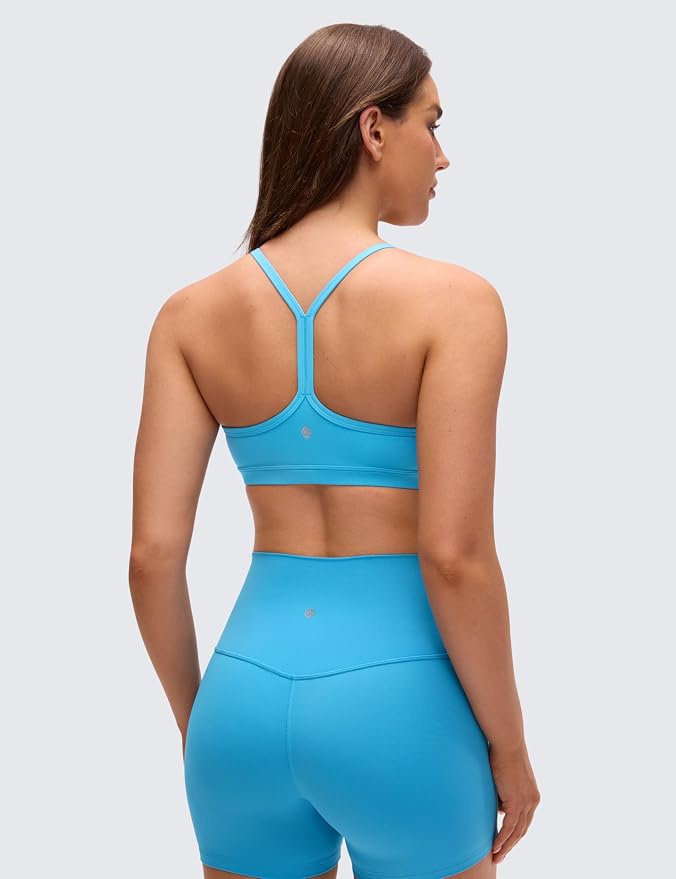 CRZ YOGA Butterluxe Ruched Sports Bras for Women - V Neck Spaghetti Thin Strap Y Back Wireless Padded Yoga Crop Top