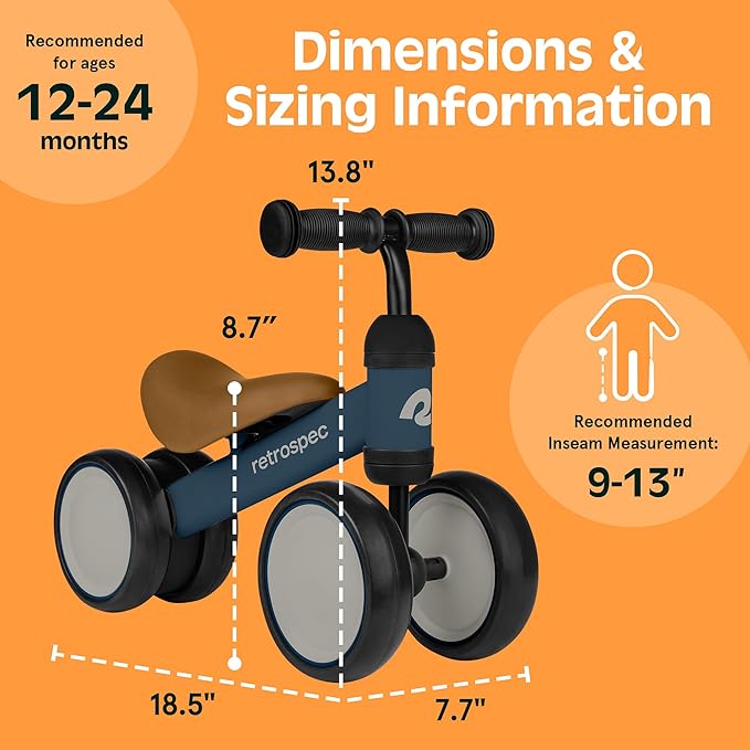 Retrospec Cricket Baby Walker Balance Bike with 4 Wheels for Ages 12-24 Months - Baby Toys & Toddler Toys for 1 Year Olds - Ride On Bicycle - Boys & Girls