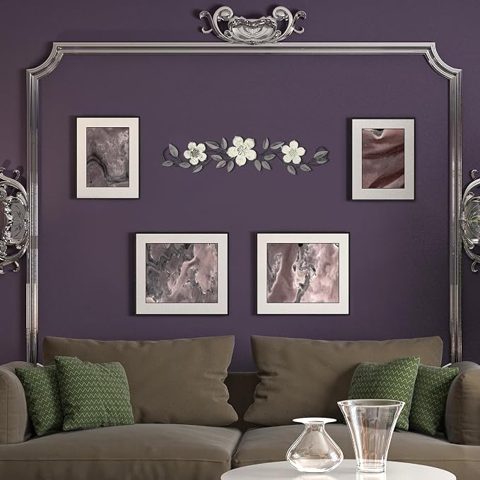 Wesiti Metal Flower Wall Decor Vintage Metal Flower Wrought Iron Scroll Sculpture 15.7''x3.7'' Not 3D, Flat Farmhouse Leaf Wall Decor with Nails for Summer Bedroom Kitchen Indoor Outdoor(White)