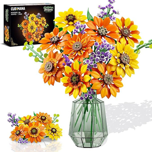 Flowers Sunflower Bouquet Building Set with Lights - 17 Flowers Botanical Collection Artificial Plant Sunflower Building Blocks Art Home Decor Surprise Gifts for Adults Women Girls (1011PCS)