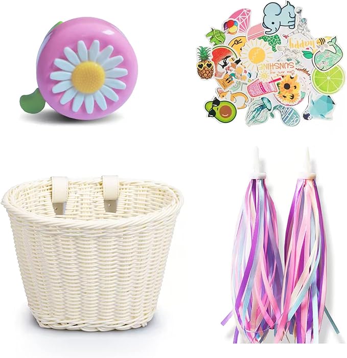 Kid's Bicycle Basket,Colored Tassels Wicker Front Handlebar Bike Basket Handlebar with Streamers Bell and Stickers,Bicycle Decoration for Girls and Boys