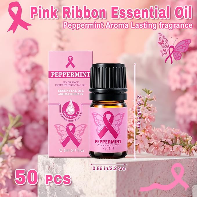 50 PCS Breast Cancer Awareness Peppermint Essential Oil Set for Skin Diffuser Candle Making Pink Ribbon Fragrance Aromatherapy Oils for Pink October Breast Cancer Charity Survivor Gifts (5ml)