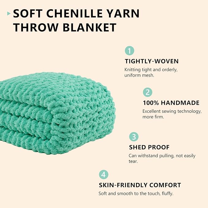 L'AGRATY Chunky Knit Throw Blanket for Couch, 60'' x 80'' Knit Throw, Aqua | Handmade Chenille Crochet Blanket for Sofa Bed, Thick Cable Knitted Blankets for Room Home Decor, Birthday Gift for Women Mom