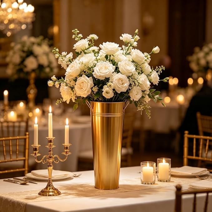 Hosley Set of 2 Gold Metal French Bucket with Handles & PVC Liner, 6" Dia x 15" H for Weddings, Parties, Country Picnics, Floral Arrangements, Tableware Storage, or Gardens - Rustic Farmhouse Décor