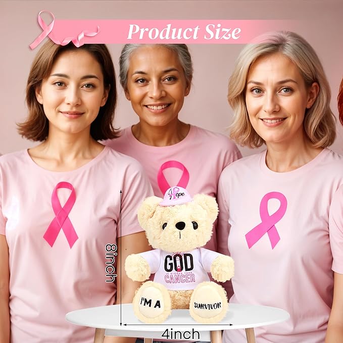 Breast Cancer Survivor Teddy Bear Stuffed Animal – Breast Cancer Gifts for Women, 8" Breast Cancer Awareness Stuffed Bear Plush Toy with Pink Ribbon Hat, Breast Cancer Comfort Gifts | I'm a Survivor