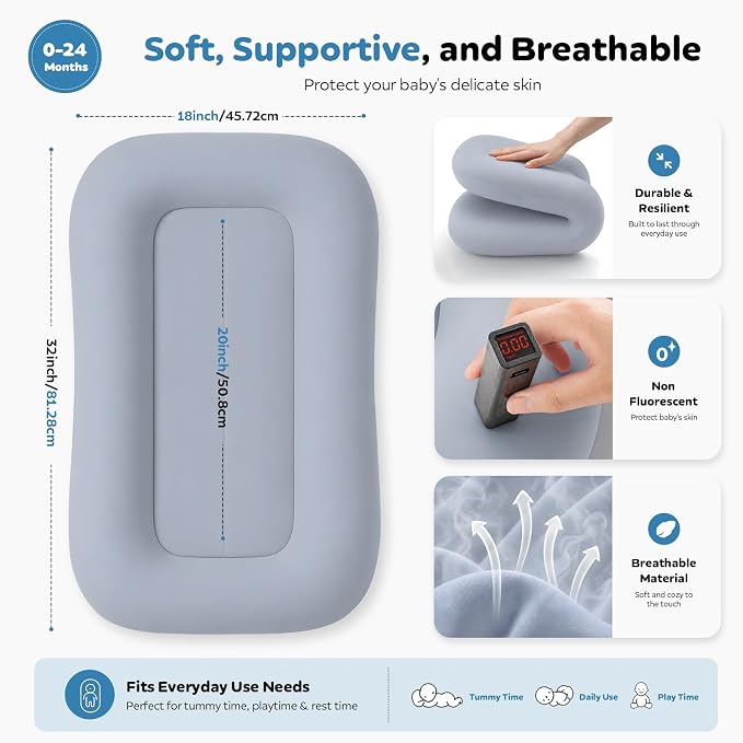 Baby Lounger for Newborns 0-24 Months, Soft Breathable Cotton Infant Support Cushion for Tummy Time & Play, Portable Infant Lounger, Baby Essentials - Navy Blue (Cover Included)