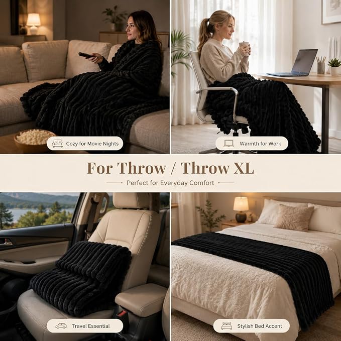 HIMEET Black Oversized Throw Blanket, 300GSM Ribbed Fleece, 50 x 70 Inches | Ultra Soft Flannel, All-Season Lightweight Warmth, Extra Coverage for Couch Lounging, Home Room Decor, Machine Washable