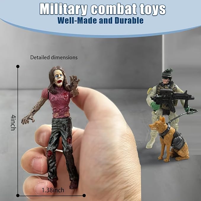 Army Men VS Zombie Action Figures, Realistic 6 Zombie Toys Playset 6 Army Toy Set with Weapons 2 Dog Figures, Halloween Decor for Boys 4-7 (14PCS)