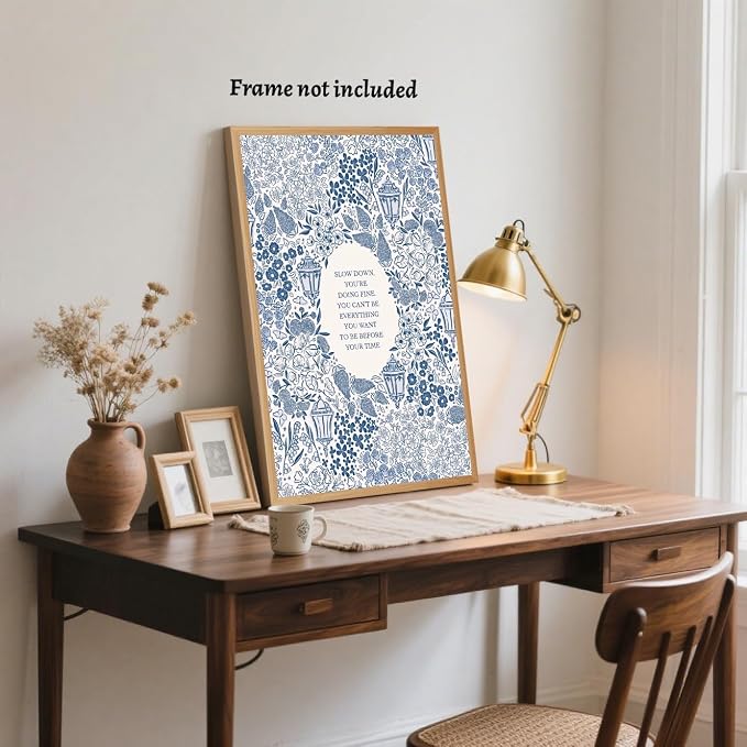 LEKDRA Slow Down You're Doing Fine Music Poster Motivational Song Lyric Blue Wall Art Vintage Positive Quote Daily Reminder Floral Canvas Print for Office Bedroom Home Decor 8x12inch Unframed