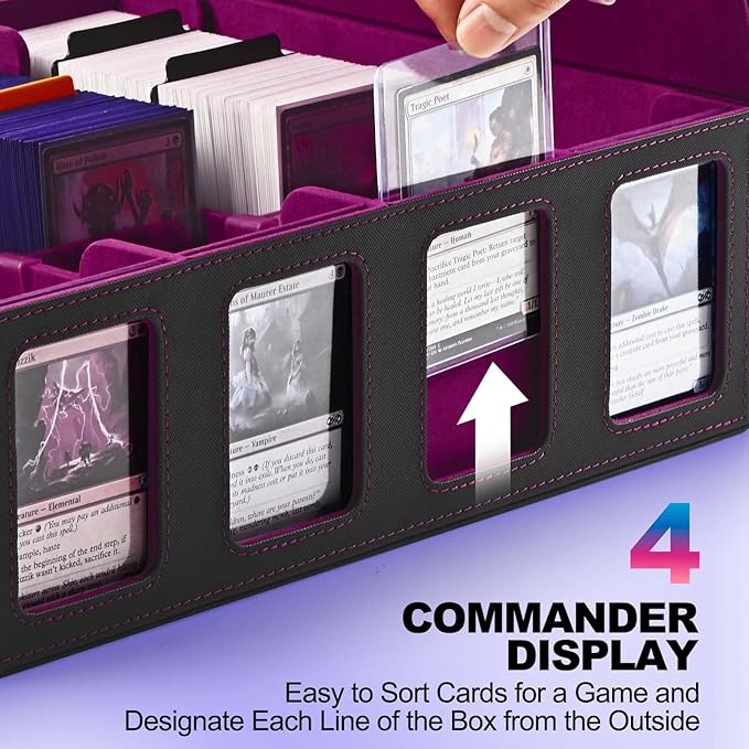 UAONO Trading Card Storage Box with Commander Display; 2400+ Deck Box for MTG with Removable Cover; Top Loaders Card Case fits Magic TCG PTCG Sports Cards; 24 Dividers, 4 Stoppers (Black, Purple)