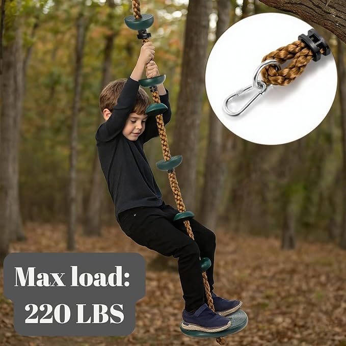 ZENFUN Climbing Rope with Platform and Disc, Tree Swing Seat Set Outdoor Playground Accessories Including Bonus Hanging Strap & Carabiner, Secure Trees House Swings, Gym Backyard, Max Load: 220lb