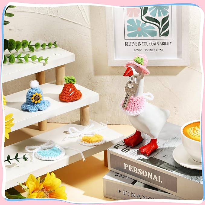 Geyoga 3 Pcs Mini Desk Goose Outfits 7 Inch Mini Knitting Hat and Bandana Knitting Desk Goose Headwear Bibs Accessory for Magnetic Statue Table Decor Gifts (Holiday Style)