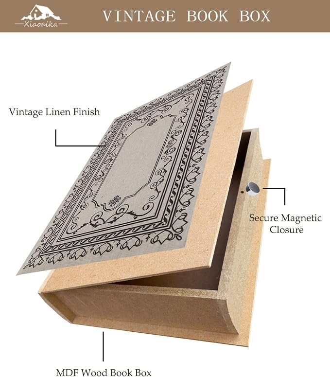 Decorative Wooden Book Box - Vintage Faux Book Boxes for Home Decor, Secret Storage with Magnetic Closure, Antique Style, Linen Cover Design, Perfect for Home Office Bookshelf, 10x7x1.6 Inches