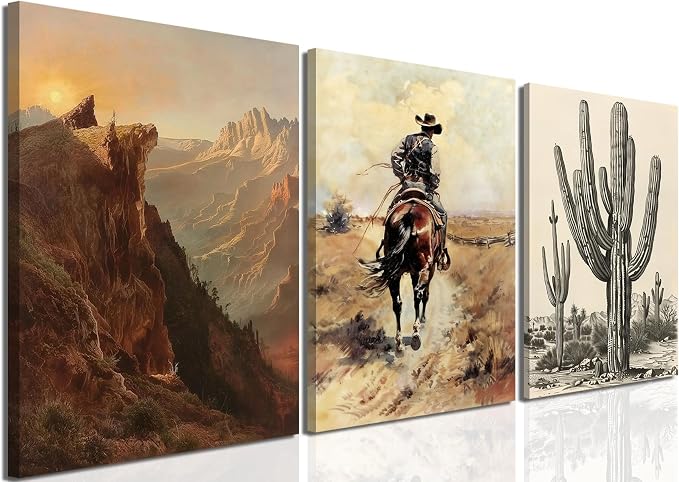 Western Cowboy Wall Art Set of 3, Vintage Southwestern Wall Decor Painting, Western Ranch Desert Farmhouse Poster Canvas Prints Aesthetic Pictures for Bathroom Bedroom Living Room Framed 16x24 inch