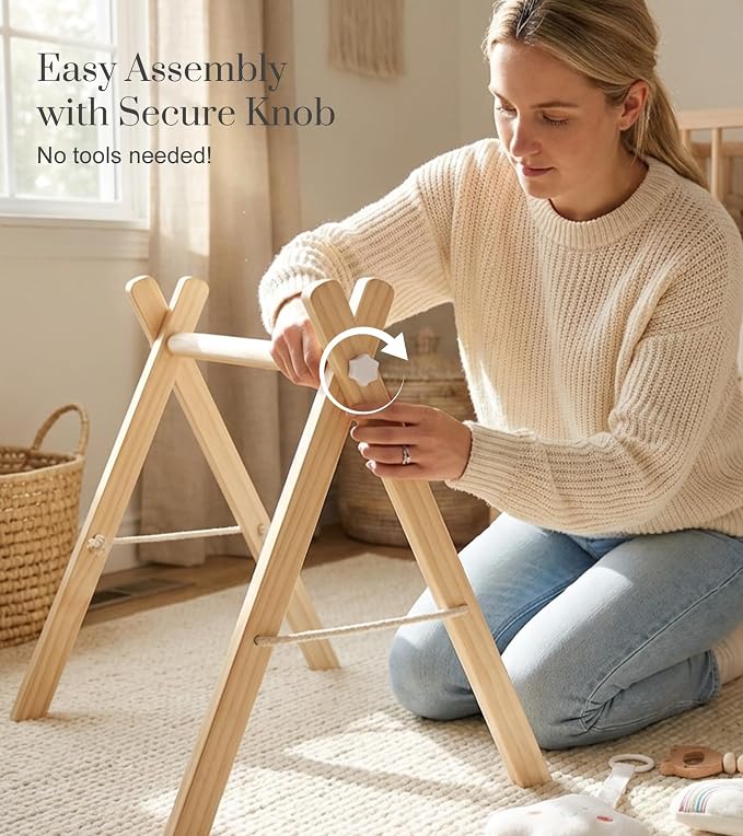 Mallify Wooden Baby Gym with 6 Gym Toys, Foldable Baby Play Gym, Natural Pine Wood Play Gym, Frame Activity Center Hanging Bar, Wooden Play Gym