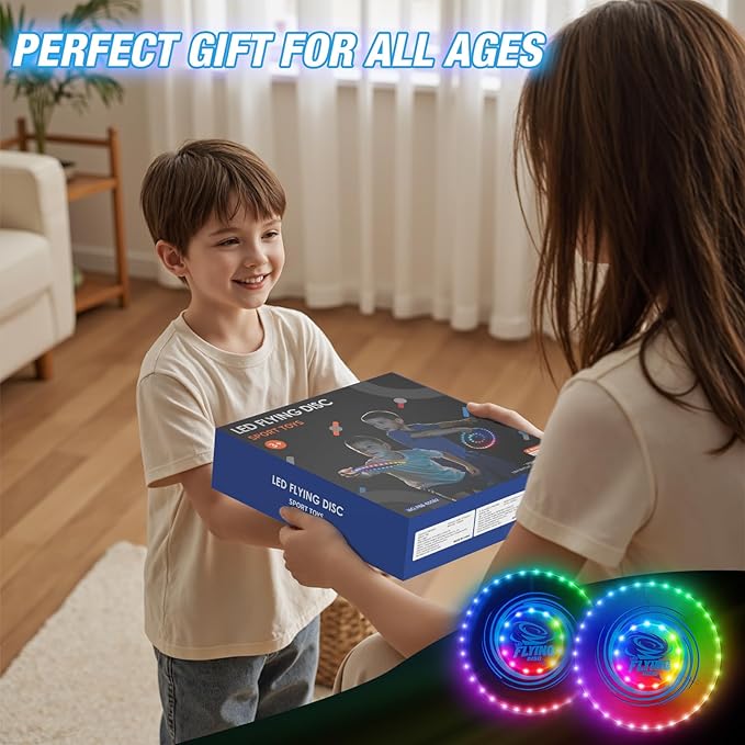 HYES 2 Pack Light up Flying Discs for Kids, 45 LEDs, 14 Lighting Modes, Rechargeable Glow in The Dark Flying Ring for Beach, Camping, Outdoor Game, Sport Toys for Teens Boys Adult